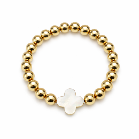 Gold Bead Bracelet with Mother of Pearl Clover